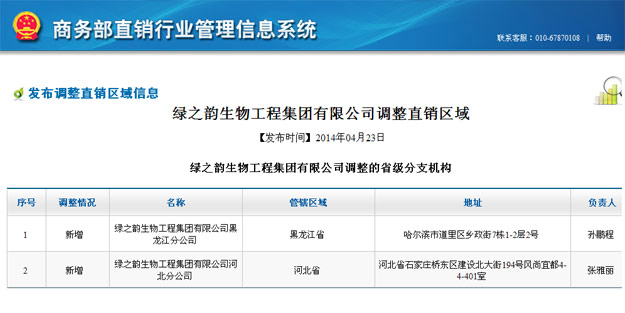 綠之韻獲國家商務(wù)部批準(zhǔn)，新增黑龍江、河北兩省直銷區(qū)域